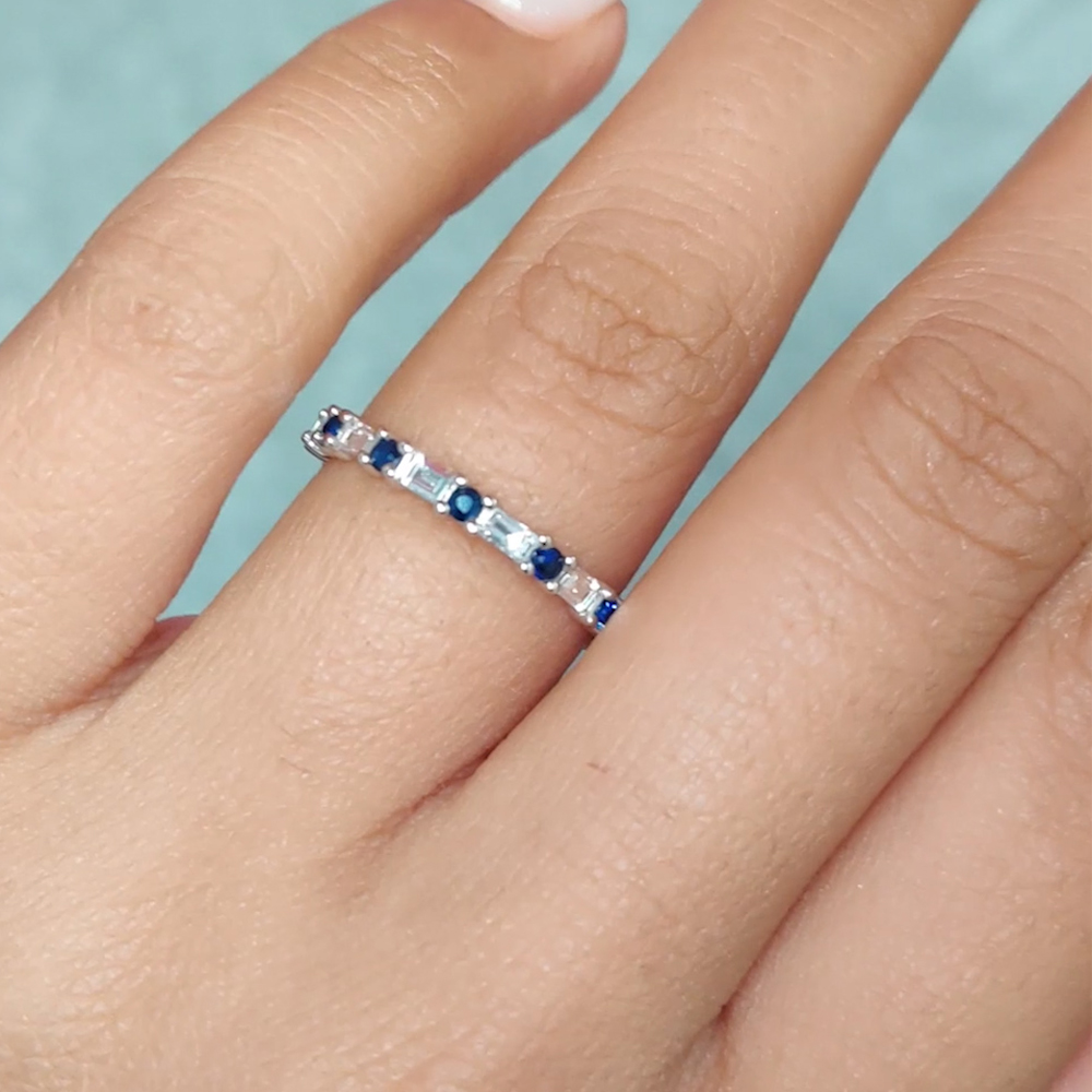 Seven Stone Wedding Band, Bar Setting Stackable Band, Blue Sapphire Diamond Band, Round Cut Diamond Band, Half Eternity Band,Engagement outlet Ring